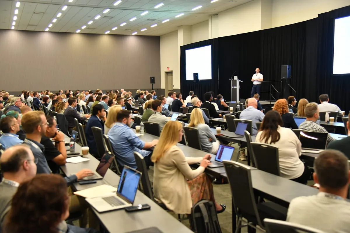 Martin Broadhurst on stage in front of a full audience at MAICON, the Marketing AI Conference in Cleveland