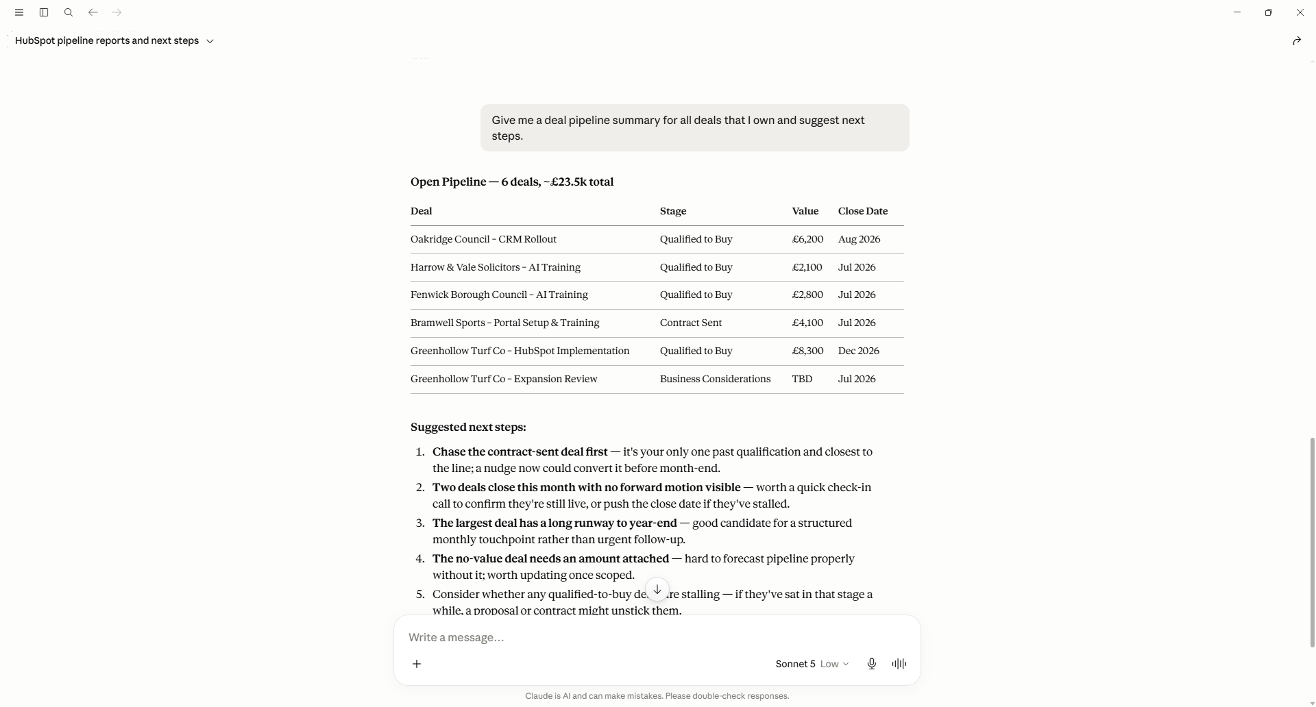 Claude with the HubSpot CRM connector enabled, answering questions about CRM data in natural language